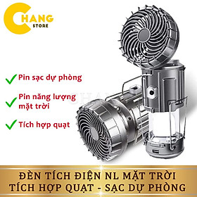 Đèn Tích Điện Năng Lượng Mặt Trời 3 in 1 Chống Nước, Đèn Pin Chiếu Sáng Tích Hợp Quạt, Sạc Dự Phòng Tiện Lợi Đi Dã Ngoại