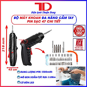 Máy khoan điện không dây đa năng cầm tay pin sạc 47 chi tiết, xoay 90 độ, có đèn led, Điện lạnh Thuận Dung