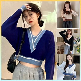 Áo len Montoghi dệt kim CỔ V LÓT VIỀN tay dài dáng rộng cá tính