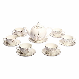 Bộ tách trà sứ xương 14 món Bone Porcelain (Bình 1L, tách 130ml) (Nhiều hoa văn)