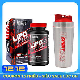 Combo Viên đốt mỡ LIPO 6 BLACK của Nutrex hộp 60 viên hỗ trợ đốt mỡ, giảm cân mạnh mẽ, tăng tỉnh táo tập trung cho người chơi thể thao & Bình Inox 739ml (mẫu ngẫu nhiên)