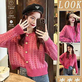 Áo khoác cardigan dài tay cổ tròn họa tiết ca rô phong cách Hàn Quốc dành cho nữ Haint Boutique Ak13