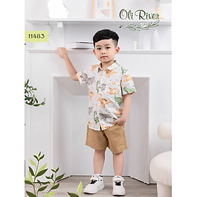 Đồ bộ bé trai cộc tay 1-10 tuổi áo sơ mi in khủng long, Bộ hè cho bé hàng thiết kế cao cấp kiêu dáng thời trang