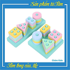 Đồ chơi gỗ,Thả Hình Khối Luồn Cọc Montessori 4 cọc - Giúp bé Học Phân Biệt Màu Sắc, Hình Khối