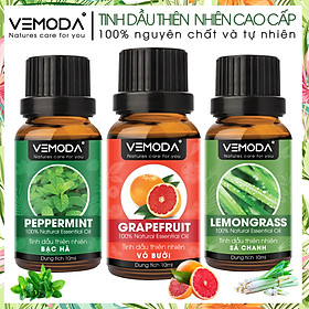 Tinh dầu xông phòng cao cấp gồm 3 chai tinh dầu nguyên chất Vemoda: tinh dầu Sả chanh (10ml) + tinh dầu Vỏ bưởi HG (10ml) + tinh dầu Bạc hà (10ml)
