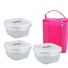 Mua Set 3 Hộp thủy tinh vuông 500ml Lock&Lock đựng cơm văn phòng tặng túi giữ nhiệt chấm bi hồng