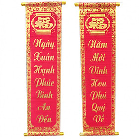 Bộ đôi câu đối đỏ chữ vàng dài 80cm trang trí Tết (Ngày xuân hạnh phúc bình an đến - Năm mới vinh hoa phú quý về)