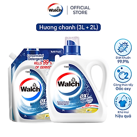 Nước giặt Walch đậm đặc siêu tiết kiệm, kháng khuẩn, khử mùi, tiêu diệt mạt bụi 99%, thích hợp cửa trên và cửa trước(Túi 2L+Chai 3L)