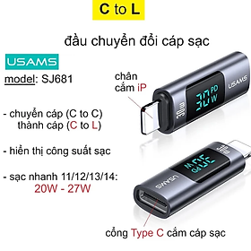 Mua Đầu chuyển đổi dây sạc (C to L) Usams SJ681 sạc nhanh 20W/ 27W cho điện thoại 11/ 12/ 13/ 14 Pro Max _ Hàng chính hãng