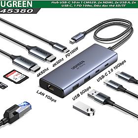 Mua Hub USB-C 10 in 1 Ugreen 45380 CM639  2x HDMI  2x USB A  2x USB C  1 PD 100w +  Đầu đọc thẻ SD/TF - Hàng chính hãng