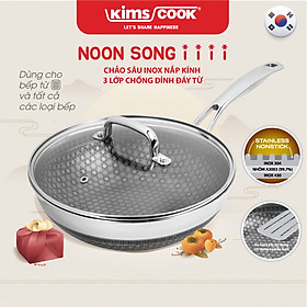 Chảo sâu KIMS COOK Noon Song inox 3 lớp đáy từ nắp kính chống dính 2 mặt