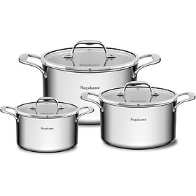 Mua Bộ 3 nồi inox Nagakawa Haru NAG1355 (16cm  20cm  24cm) 5 đáy toàn phần - Dùng trên mọi loại bếp - Hàng chính hãng