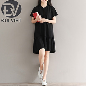 Váy đuôi cá dáng babydoll, Đầm cổ tàu cho nữ đi chơi dáng suông chất đũi mát Đũi Việt Dv80