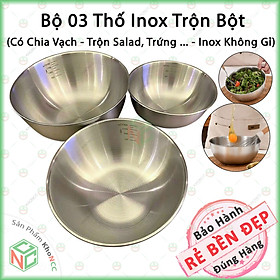 (Tiện Lợi) Bộ 3 Tô Thố Inox 304 Không Gỉ - 3 Size 16cm 19cm 24cm Có Chia Vạch Định Lượng Tiện Lợi - KLM-3TTBCV