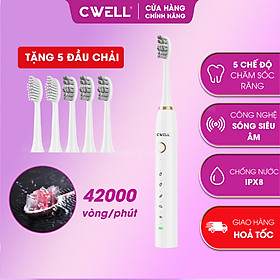 Bàn chải điện CWell Sonic S1, 5 chế độ chải rung 42.000 lần/p, chống nước IPX8 - Tặng 5 đầu bàn chải