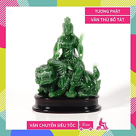 Tượng Phật Văn Thù Bồ Tát cưỡi hổ ngọc xanh - Cao 10cm