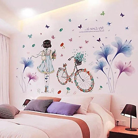 Decal dán tường Hoa xanh tím và cô gái xe đạp - HP396