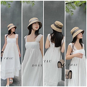 Đầm maxi trắng 2 dây xô ren hoa