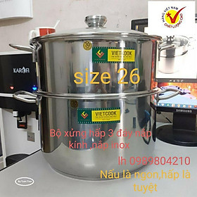 Mua Bộ nồi xửng hấp inox  xửng hấp inox 2 tầng 3 đáy nắp kính nắp inox VietCook đun bếp từ size 26 chõ hấp xôi