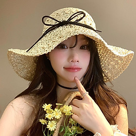 Nón mũ rộng vành gấp gọn đi biển du lịch dã ngoại thoáng mát chất liệu cói phong cách Hàn Quốc phối dây da đen dona25042501