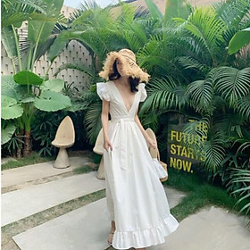 Đầm maxi đi biển váy maxi trắng xẻ cánh tiên có ảnh thật và video