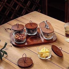 Mua Set 5 hũ thủy tinh đựng mứt tết  kèm khay và nắp gỗ sang chảnh Vân Phương Shop - Hàng chính hãng