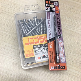Combo Vít bê tông 5mm đầu dù P570 & Mũi khoan tường 4.5mm đuôi lục giác Unika (không cần dùng tắc kê nhựa)