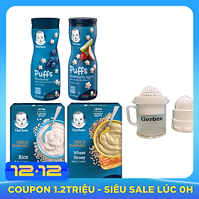 Combo Gerber Ăn Dặm Toàn Diện 2 (gồm 2 bột Gerber Bột gạo và Lúa mì mật ong, 1 Gerber Dâu Táo, 1 Gerber Việt Quất) tặng bộ vắt cam và nghiền thức ăn đa năng