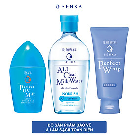Bộ sản phẩm bảo vệ & làm sạch toàn diện Senka (Sữa chống nắng UV Milk 40ml + Nước sữa tẩy trang Milky 230ml + SRM Whip 120g)