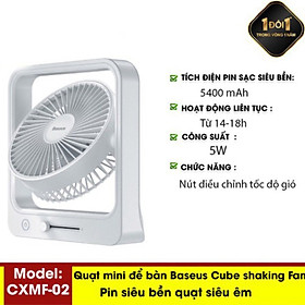 Quạt Mini Pin Sạc Chính Hãng Baseus Cube Shaking Fan (Pin sạc 5400mAh, 18h sử dụng , Xoay 60 độ, Điều chỉnh nhiều cấp tốc độ, Cực êm )