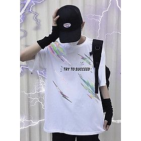 Áo thun Tay lỡ Stee In Phản quang Try Succed màu trắng vải cotton Trùm Unisex