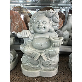 Tượng Phật Di Lặc gánh đào ngồi hồ lô chiêu tài lộc và cầu bình an đá cẩm thạch trắng xanh - Cao 40cm