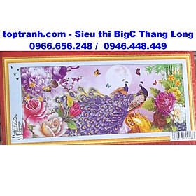 Tranh thêu chữ thập 2 con công tím và 5 bông hoa mẫu đơn E223 chưa thêu