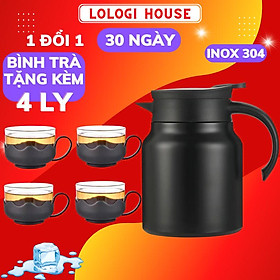 Ấm pha trà giữ nhiệt tặng 4 ly thủy tinh, có lõi lọc inox 316, bình pha cafe, nắp vặn đậy kín, giữ nóng 10h, lạnh 20 giờ