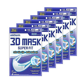 Bộ 6 Gói Khẩu Trang Ngăn Khói Bụi Unicharm 3D Mask Super Fit (5 cái/gói)