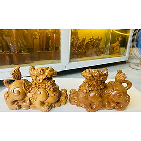 Mua Cặp tượng tỳ hưu phong thủy tài lộc bằng gỗ bách xanh đẹp long lanh kt 20×12×8cm