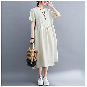 Đầm suông nữ dáng rộng dài bo chun eo, túi sườn, chất liệu đũi mềm mại cao cấp, thời trang phong cách Nhật Bản AH81