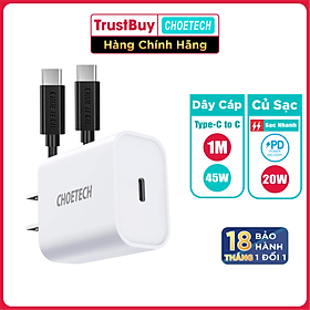 Bộ Củ Sạc CHOETECH PD 3.0 20W PD5005-W + Cáp Type C to C 1M 30W CC0002-V2 Chuyên Sạc Nhanh 18-20W Smartphone Android - Hàng Chính Hãng