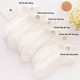Tất trắng cổ ngắn, vớ nữ trắng viền tem gấu dễ thương TN144