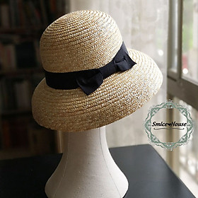 Mũ chụp đèn Hepburn đính nơ retro phong cách quý tộc Pháp/ nón cói chuông che nắng mùa hè dùng đi biển chụp hình vành nhỏ form cứng có dây rút giảm size - Smice House