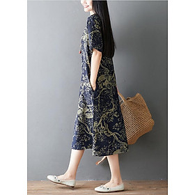 Đầm suông trung niên họa tiết LAHstore, chất thô mềm mát thích hợp mùa hè, phong cách Hàn Quốc (Xanh than họa tiết vàng)