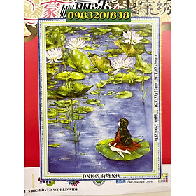 Mua Tranh thêu kín chữ thập Cô gái ao sen DX1069  kích thước 53*72 cm