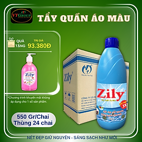Nước Tẩy Quần Áo Màu Zily Chai 550g - ( Thùng 24 Chai ) - Tặng 1 Chai Nước Rửa Tay Zily 500Gr