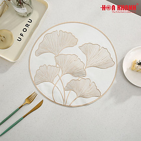 Tấm lót bàn ăn, miếng lót đĩa, lọ hoa hình tròn 38cm nhựa PVC cao cấp, chịu nhiệt, chống trượt họa tiết cành rẻ quạt - E25-S001G