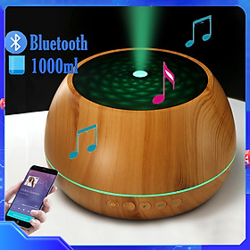 Máy Xông Tinh Dầu Có Loa Bluetooth Kết Nối Với Điện Thoại Nghe Nhạc Cực Hay, Máy Khuếch Tán Tinh Dầu Cho Phòng Lớn Thể Tích 1000ML, Có Remote Điều Khiển Từ Xa và Đèn LED Biến Đổi Màu Cực Đẹp - Vân Gỗ Vàng