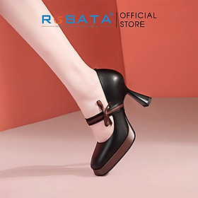 Giày cao gót nữ ROSATA RO546 mũi tròn phối nơ quai ngang xỏ chân êm ái gót nhọn cao 7cm xuất xứ Việt Nam - Đen