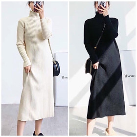 váy len suông lâu năm tay cổ lọ, váy đầm dáng vẻ lâu năm thu tấp nập vải vóc len gân to tướng 2 màu