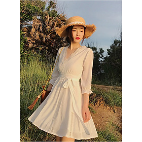 Váy maxi đi biển dài tay dáng lửng, cổ chữ V, lưng dây nơ điệu đà, thích hợp du lịch, đi biển, chụp ảnh | MX007