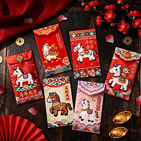Set 6 Bao Lì Xì Hình Ngựa In Họa Tiết Thổ Cẩm – Mẫu Đẹp, May Mắn, An Khang Tài Lộc – Bao Lì Xì Chúc Tết Cao Cấp - HÀNG CHÍNH HÃNG MINIIN