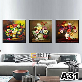 Tranh treo tường vuông canvas 3 bức phong cách hiện đại Bắc Âu A20 tranh lọ hoa trang trí phòng khách phòng ngủ spa - A-31